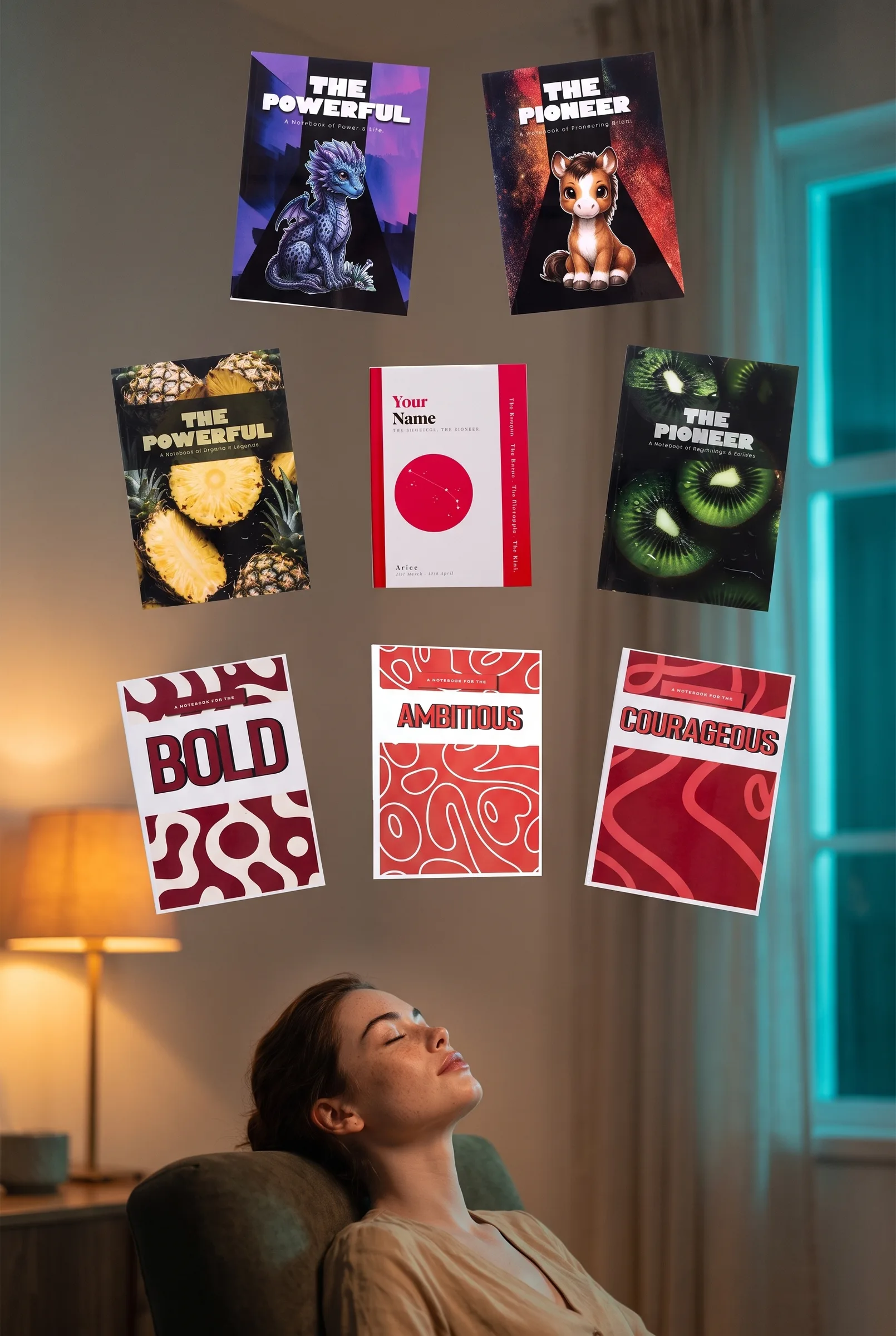 The eight Aries journals floating above a woman resting in an armchair
