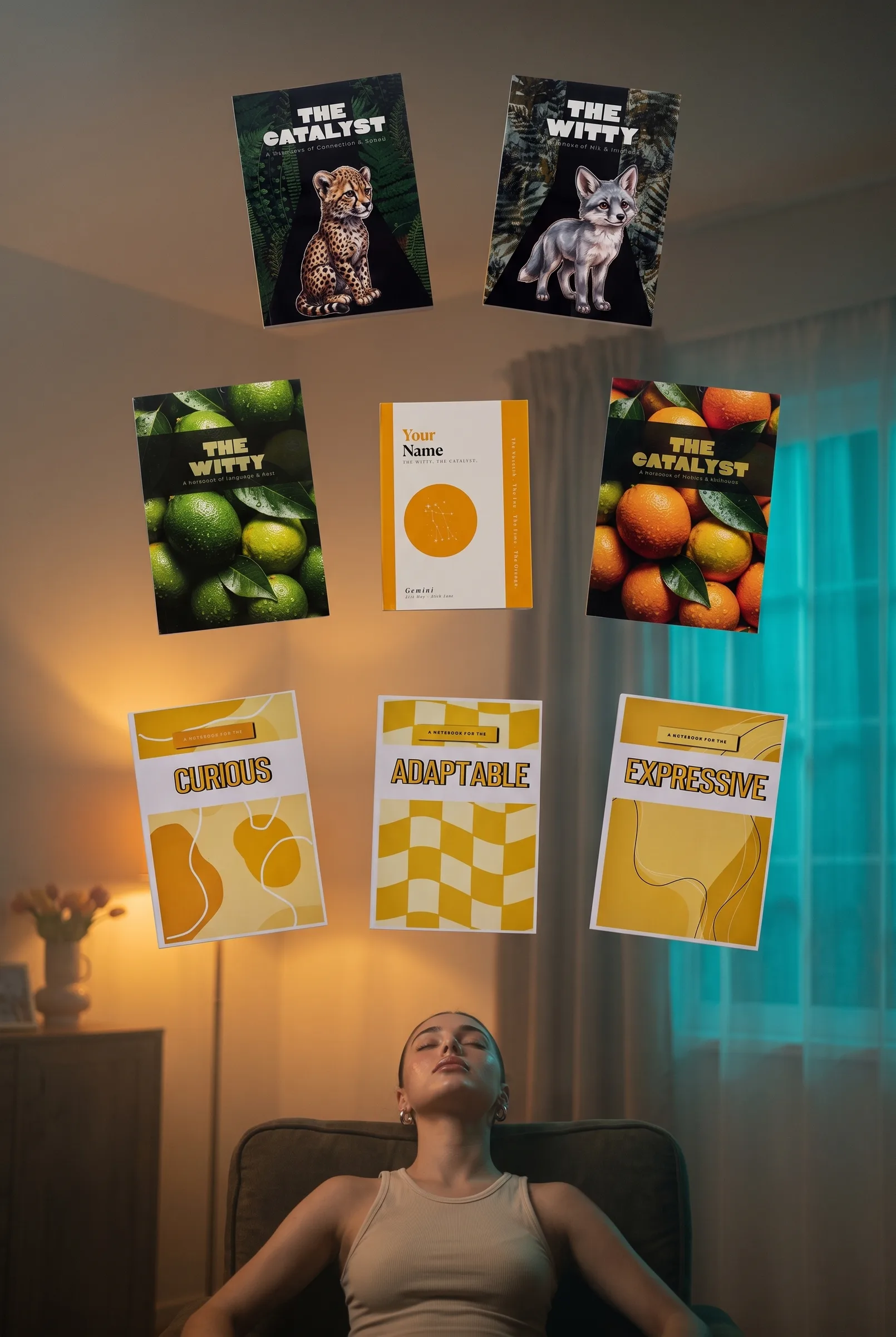 The eight Gemini journals floating above a woman resting in an armchair