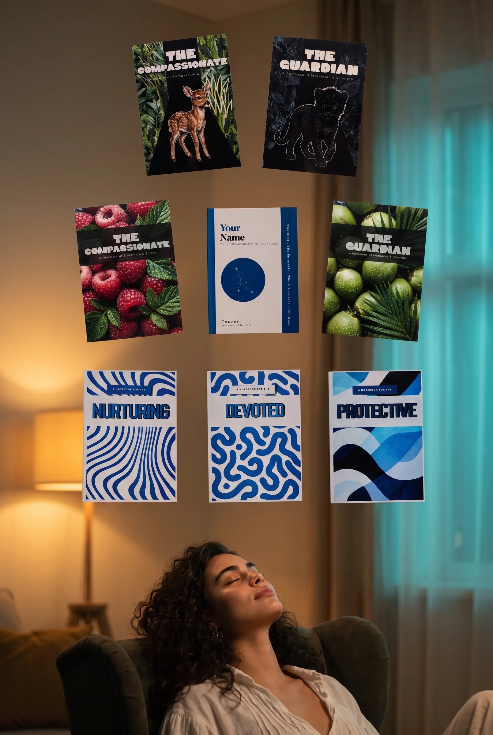 The eight Cancer journals floating above a woman resting in an armchair