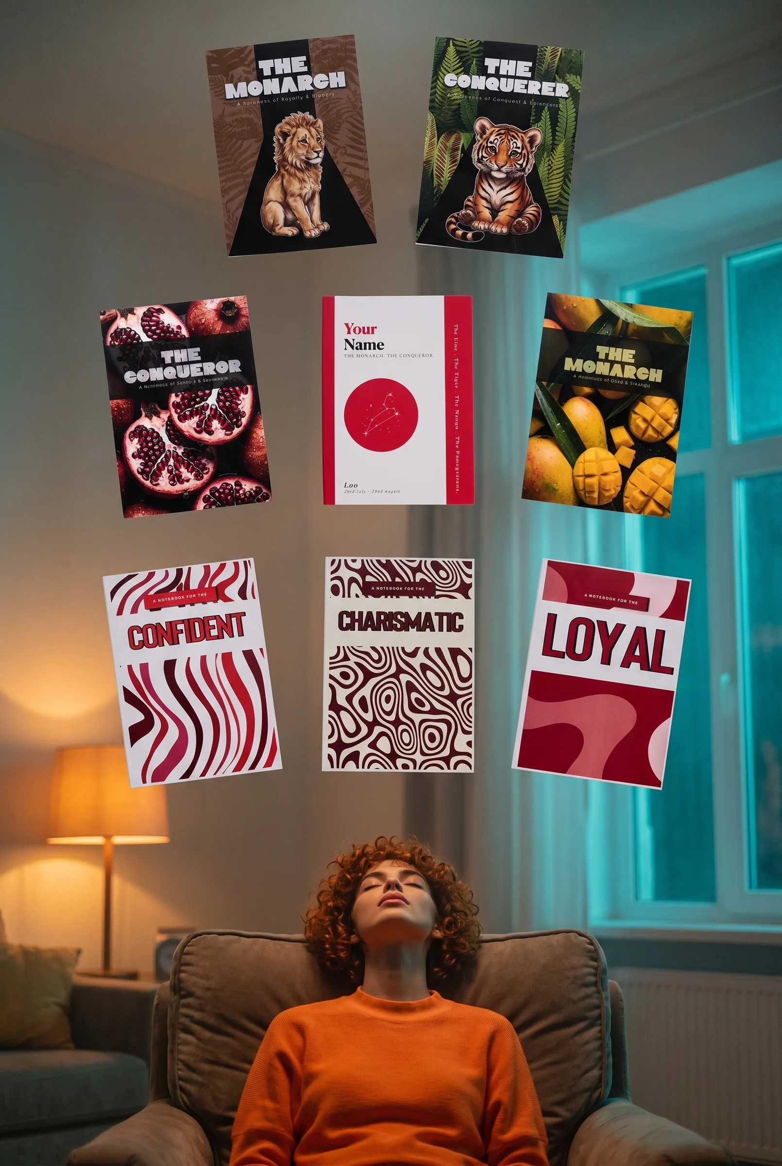 The eight Leo journals floating above a woman resting in an armchair