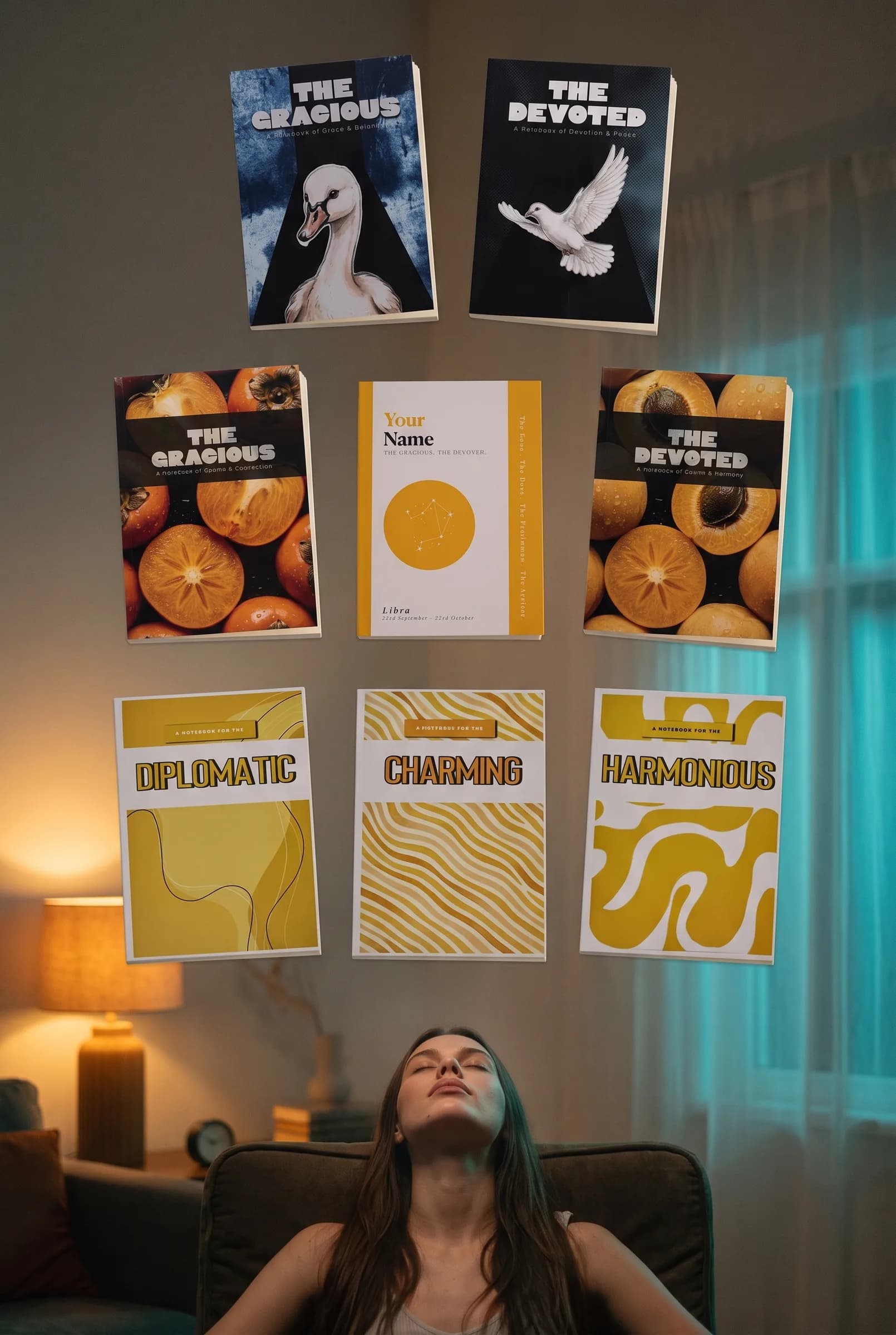 The eight Libra journals floating above a woman resting in an armchair