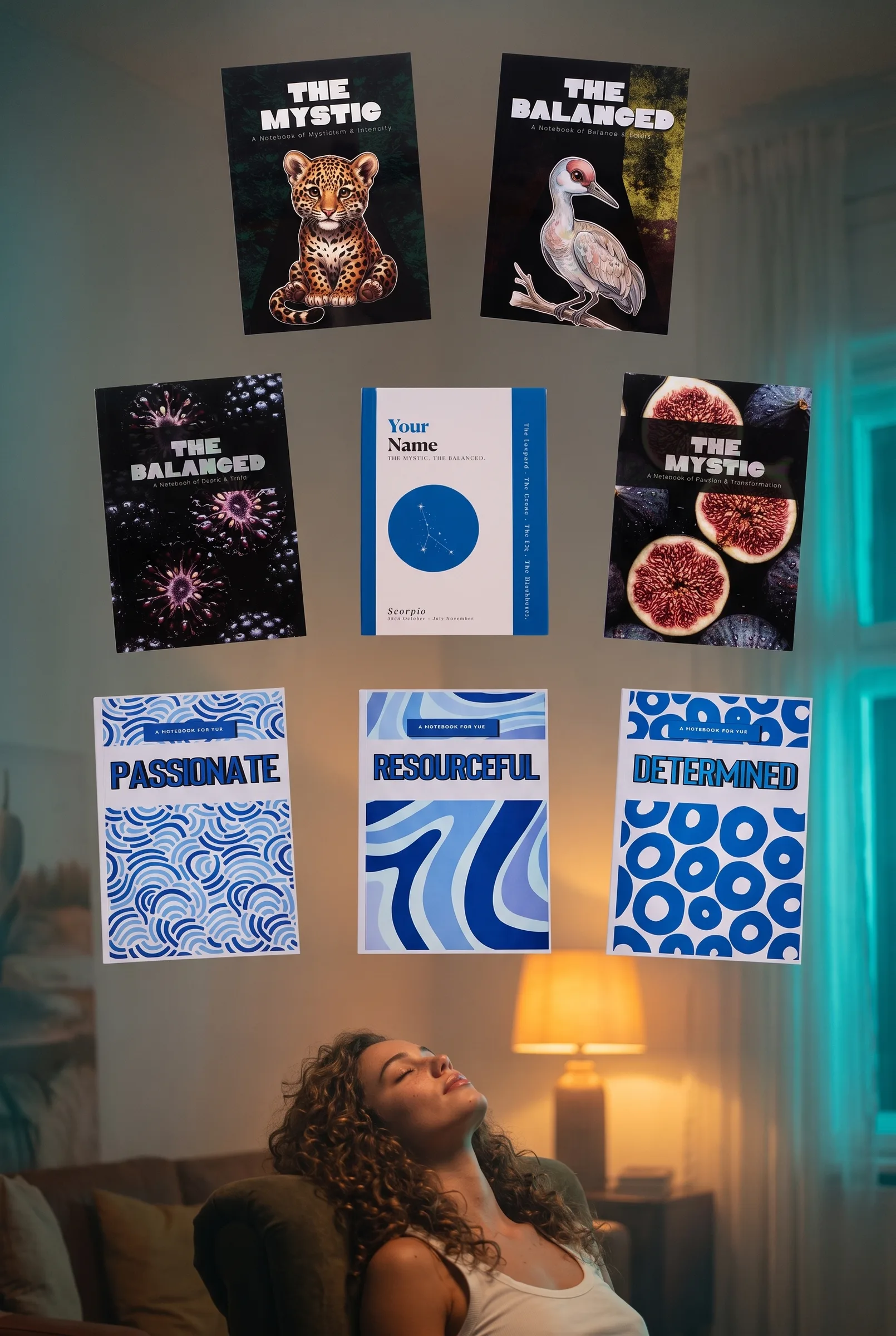The eight Scorpio journals floating above a woman resting in an armchair