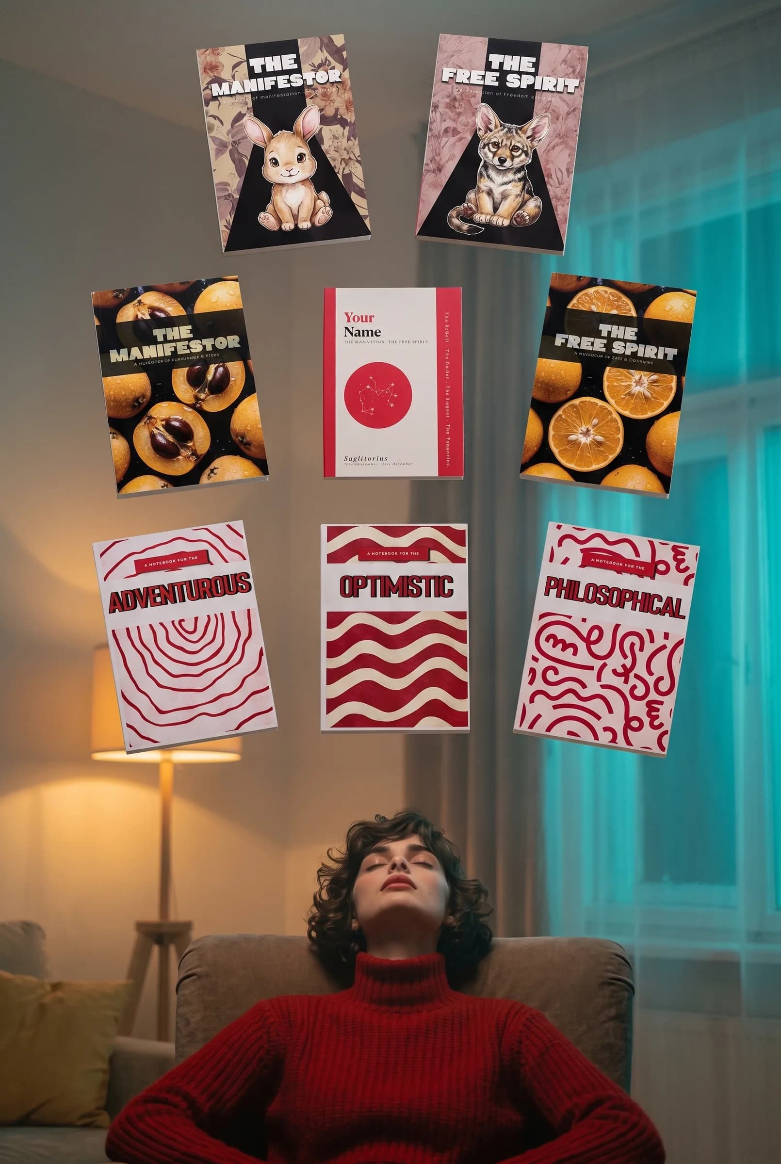 The eight Sagittarius journals floating above a woman resting in an armchair