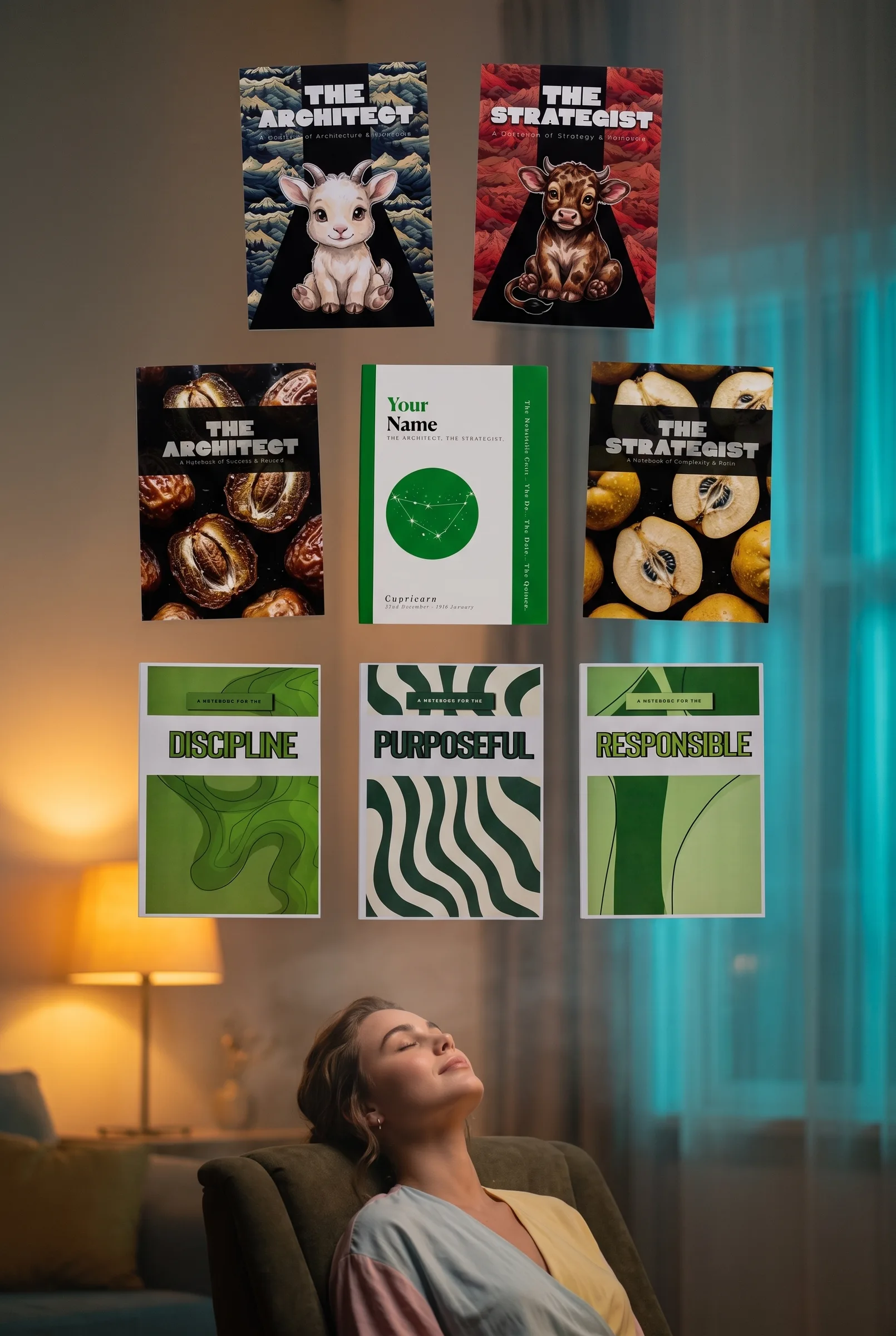 The eight Capricorn journals floating above a woman resting in an armchair