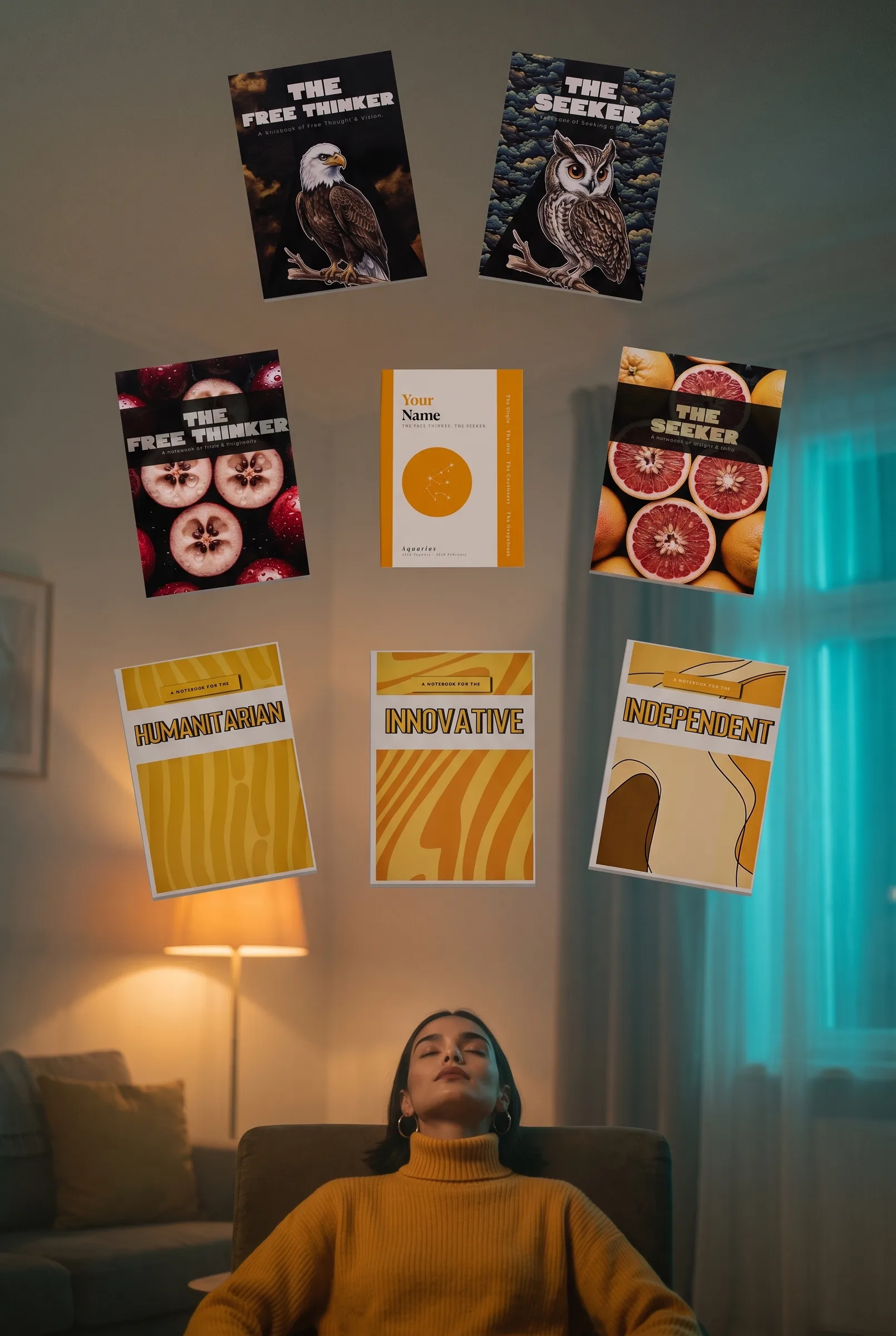 The eight Aquarius journals floating above a woman resting in an armchair