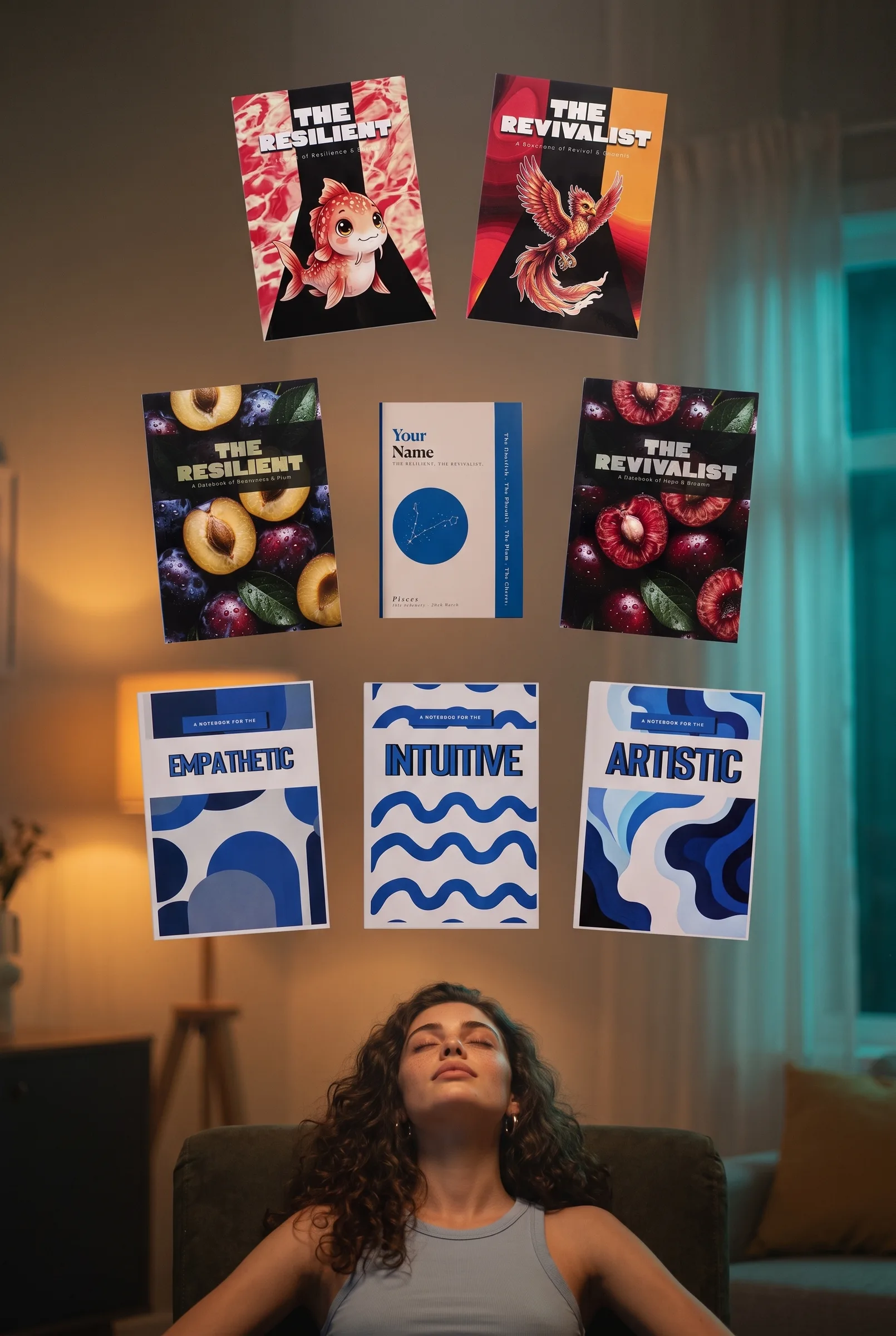 The eight Pisces journals floating above a woman resting in an armchair